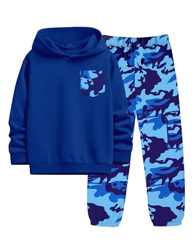 Image of KANGKANG Boys Clothes Two Piece Long Sleeve Hooded Sweatshirt Top Camouflage Sweatpants Fall Outfits Winter Clothes Set 6-16Y