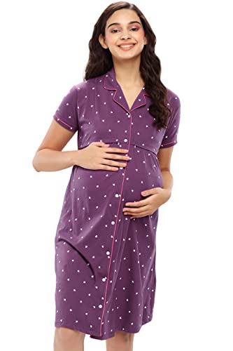 Image of ZEYO Women's Cotton Night Dress Heart Printed Maternity & Feeding Short Nighty Night Gown Shirt 5635