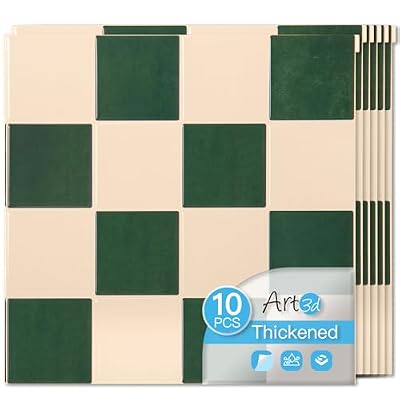 Art3d 10-Pack Heavy-Duty Peel and Stick Backsplash, 12x12 Inch Self-Adhesive Wall Tile Stick on Kitchen Countertop, Dark-Green & Warm White
