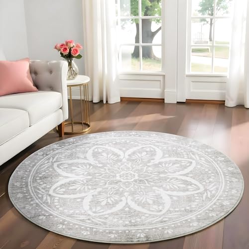 Image of Carvapet Round Rugs Circle Rug - Vintage 72 inch Non-Slip Washable with Rubber Backing Foldable Low Pile Design for Living Room Bedroom, 6ft Grey Rug