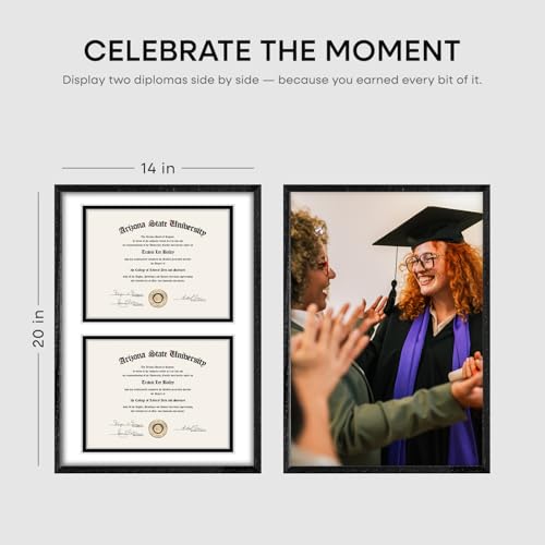 Image of Homeforia 14x20 Double Diploma Frame, High End Oak 14 x 20 Black Wood Certificate Frames with Mat for Two 8.5x11 Diplomas, 20x14 Wooden Dual Award Graduation Frames, Tempered Glass, Wall Kit, Set of 3