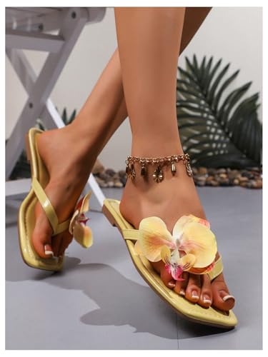 Image of GORGLITTER Women's Flower Flat Sandals Cute Square Toe Flip Flops Thong Dressy Vacation Summer 2026 Slides Shoes