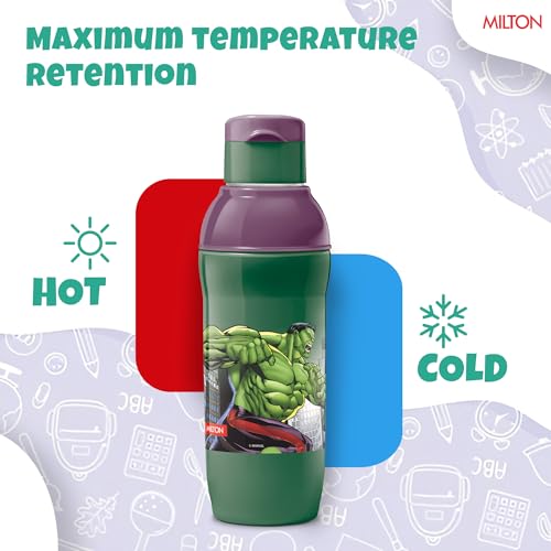 Image of Milton Marvel Steel Slim 600 Insulated Inner Steel Water Bottle for School Kids I Leak Proof Flip Top Lid, Easy to Carry Loop, Insulated Thermo Sipper Bottle for Kids, 490 ml, Dark Green (Hulk Print)