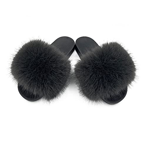 Image of Women's Faux Fur Slides Slippers Fluffy Fuzzy Sandals Open Toe Furry Slide Flip Flop Indoor Outdoor