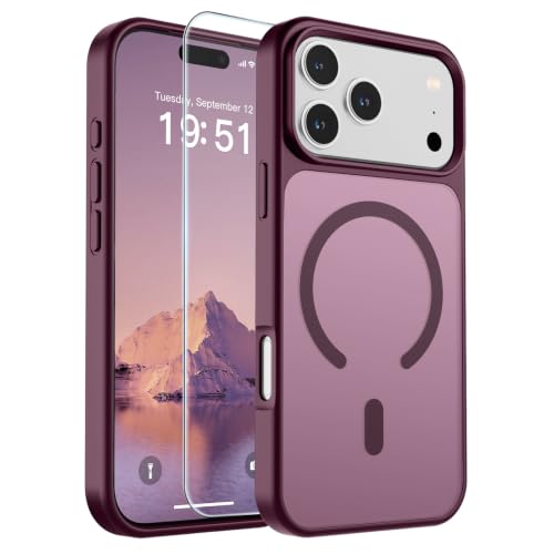 Image of SUPFINE Magnetic for iPhone 17 Pro Max Case with Screen Protector (Compatible with MagSafe)(Military Grade Drop Protection) Translucent Matte Phone Cover,Wine Red