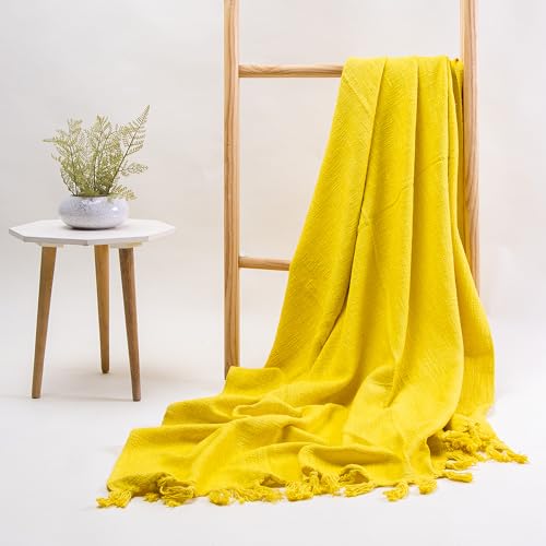 Image of Cotton Throw Handmade Sofa Blanket - Soft & Cozy 50X60 Inches, Premium Cotton, Lightweight & Stylish for Sofa, Bed, Living Room, Bedroom - Elegant Home Decor (Yellow)