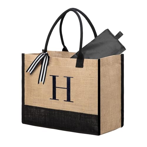 Image of BeeGreen Embroidery Monogram Jute Tote Bag Initial Personalized Gifts Bags for Birthday Beach Work Wedding Gift Basket for Women Teacher Mom Friend Coworkers Sister Nurse Cute Totes Navy (Letter H)