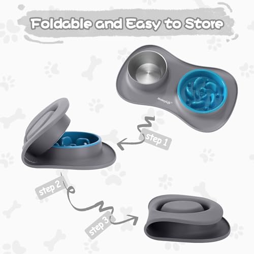 MateeyLife Dog Bowl Slow Feeder Set 3 in 1, Basic Dog Food Bowl, Stainless Steel Cat Bowls and Non-Spill Silicone Mat with Stand Set, Slow Feeder Pet Food Bowls for Small, Medium, Large Breeds - Image 6