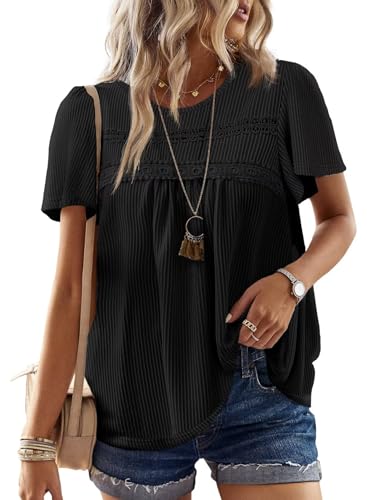 Womens Summer Tops Crewneck Short Sleeve Striped Shirts Casual Ribbed Blouses Flowy Hem Boho Clothing 2025