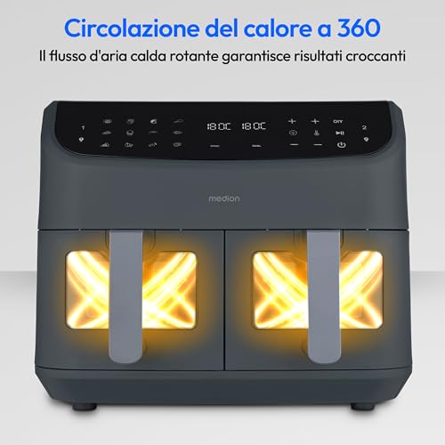 Medion P20 Xxl Friggitrice Ad Aria A Doppia Camera (8,7 L, Airfryer, 2.600 W, 10 Programmi Automatici, 2 Cassetti, Finestra Visiva, Dual Cook & Sync Finish) Grigio Opaco - 3
