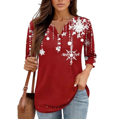 Image of Women Christmas Shirt 3 /4 Length Sleeve Henley Tops Xmas Outfits