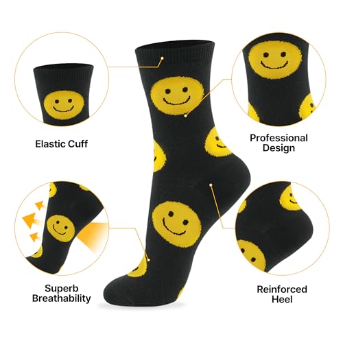 Kikiya Women's Cotton Crew Socks - Cute Smiley Face Funny Bow Fruit Graphic Crazy Animal - Ladies Girls Casual Socks Size 6-83