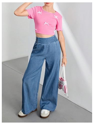 SHENHE Girl's Wide Leg Smocked Elastic Pull on Jeans High Waisted Loose Casual Denim Pants3