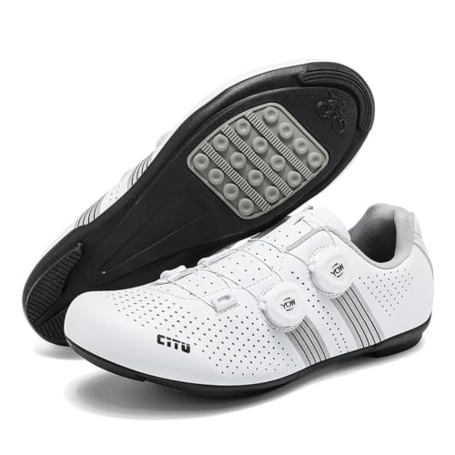 Hixingo Puntera Ancha Zapatilla de Ciclismo Hombre MTB Mujere Zapatos Bicicleta de Carretera Montaña Exterior con Suela de Goma, Transpirable, Unisex Autopista Zapatillas de Ciclismo (Blanco,36)