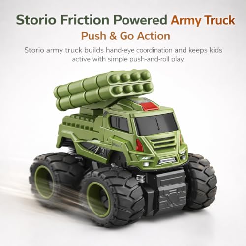 Image of Storio 4WD Monster Military Truck Toy for Kids | Pack of 4 Friction Powered Push & Go Cars | Off-Road Rock Crawler Vehicles for Boys | Durable, Safe & Fun Mini Trucks for Indoor & Outdoor Play