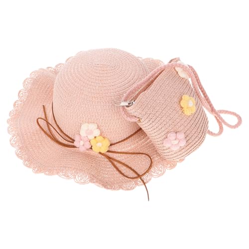 2pcs Boys and Girls Sun Hat and Purse Set Uv Protection Boy Girl Straw Beach Hat Matching Bag for Summer Fun Foldable Design for and Storage Pink