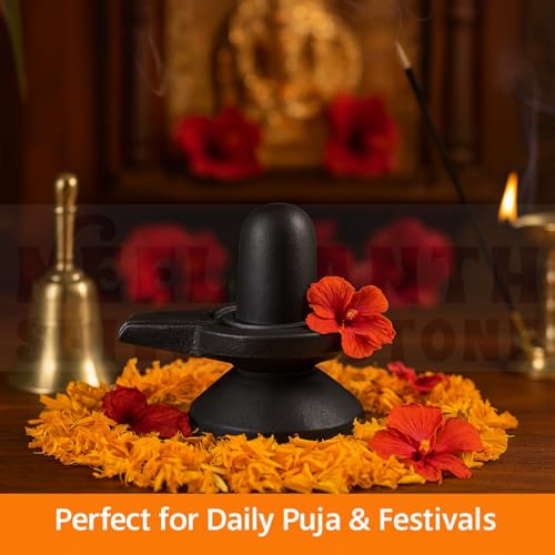Image of Neelkanth Shivling Stone - Original Narmada Stone Black 4 Inch Jaladhari, Yoni Base, Lingam Holder, Panapitham Shivling Base Pitha Stand For Home Puja