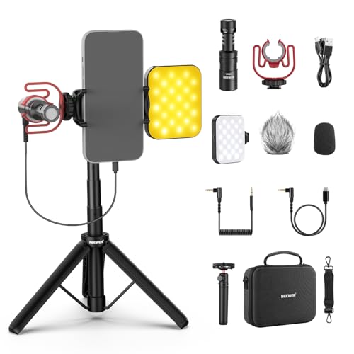 NEEWER BASICS PA050 Kit Vlogging per iPhone Android Telefono per Streaming Riprese Video YouTube TikTok, Treppiede Selfie Stick +Mic+ Luce LED, Essenziale per Creatori Contenuti Principianti YouTuber