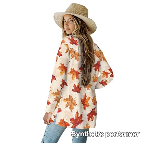 Image of Fall Maple Leaf Cardigan Sweaters for Women Long Sleeve Cardigan Soft Drape Open Front Dusters V-Neck Jackets Dressy