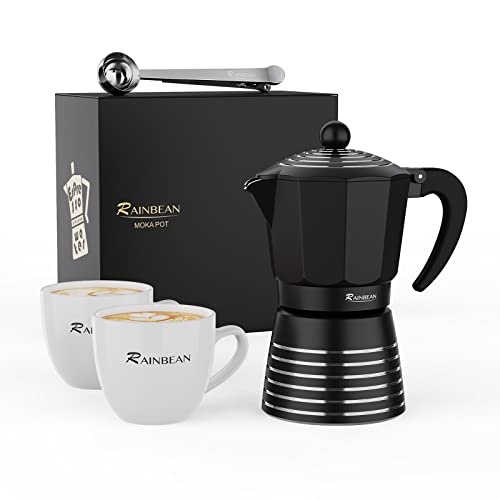 RAINBEAN Stovetop Espresso Maker 6 CUP ,Aluminum Moka Pot Gift Set for Christmas, Italian Cuban Greca Coffee Maker Easy to Use & Clean, Black Espresso Percolator Aluminum Durable, with Two 8oz Ceramic Coffee Cup & Stainless Spoon