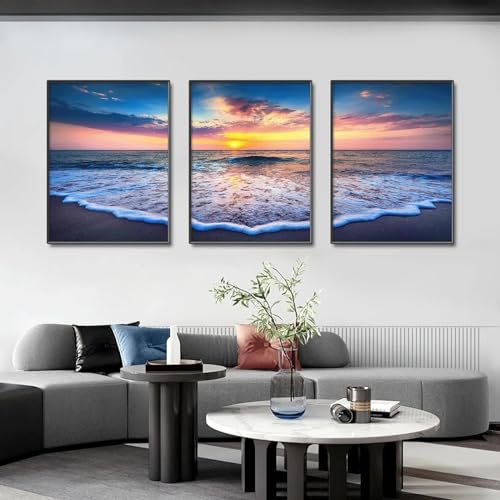 Toile de paysage naturel de mer et coucher de soleil pour salon triptyque sans cadre 70x100cm