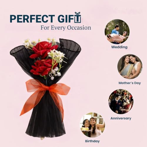 Image of SATYAM KRAFT 1 Pcs Artificial Flower Mesh Rose Bouquet | Romantic Gift for Him Her Girlfriend Boyfriend Wife Husband Proposal Anniversary Wedding Birthday Love Home Decor (Black)