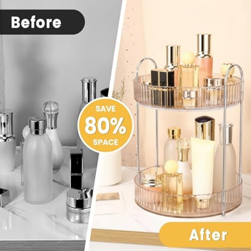Image of JD FRESH 360 Degree Rotating Makeup Organizer 2 Layer Cosmetic Storage Box Vanity Stand with Drawers for Lipsticks Skincare Perfume Bathroom Countertop Dressing Table Organizer (Light Gold)
