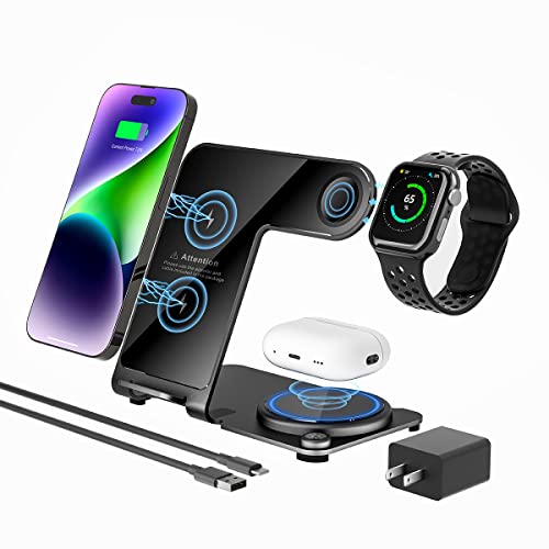 Charging Station for Multiple Devices - Mlfsaier Aluminum Alloy 3 in 1 Fast Wireless charger Dock Stand for Apple Watch Series 7 6 SE 5 4 3 2 & Airpods iPhone 14 13 12 11 Pro X Max XS XR 8 7 Plus 6s 6