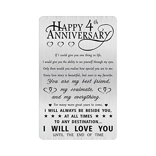 Alotozo 4th Anniversary Card Gifts for Husband Him, Happy 4 Years Wedding Anniversary Engraved Wallet Card Gift for Her Boyfriend Men
