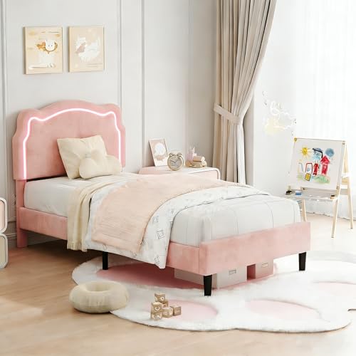 Image of GarveeHome Twin Upholstered Smart LED Bed Frame with Headboard, Velvet Princess Platform Bed Frame for Kids, Wooden Slats Support, No Box Spring Needed (Rose)