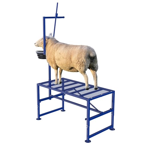 Lezbanz 600 LBs Goat Stand with Feed Bin Goat Milking Stand for Sheep Trimming and Milking Hoof Trimming Stand Adjustable Size with Feeder Iron Blue