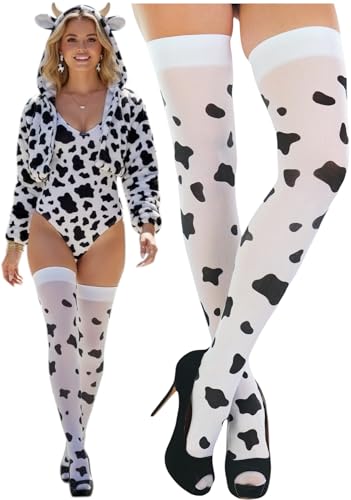 Image of ToBeInStyle Women's Cow Print Thigh High Stocking Bessie The Cow Costume Nylon Bodystocking Cosplay