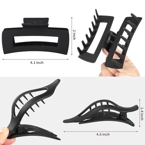 CHANDAT Hair Clips for Women 4.3 Inch Large Hair Claw Clips 8 pcs Square Claw Clips & Flat Hair Clips for Thick or Thin Hair French Concord Hair Barrettes Alligator Hair Accessories for Women (Black) — view 3