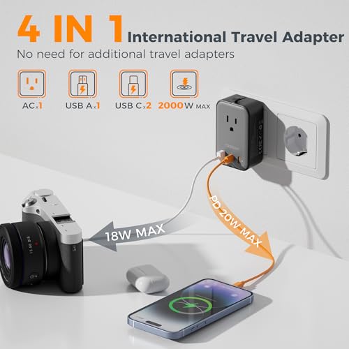 Image of TESSAN Travel Adapter 009, PD 20W Universal Power Adapter 2 USB C 1 USB A, Ultra Thin International Plug Adaptor Worldwide Outlet for US to European UK Italy Spain New Zealand (Type C G A I), 1 Pack