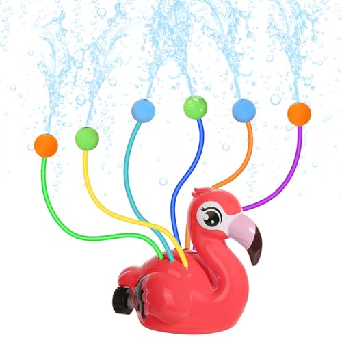 MoKo Aspersor de Agua para Niños, Juguete Acuático para Exteriores en Forma de Flamingo con 6 Mangueras y 6 Pelotas, Juguete Aspersor de Verano para Patio, Césped, Jardín y Piscina, Flamenco Rosa