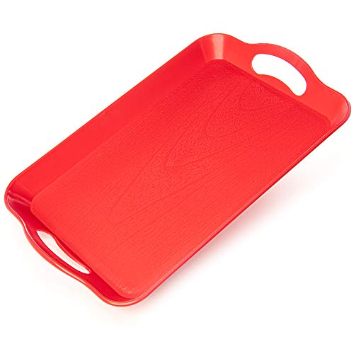 Handled Cafeteria Trays - 14 x 9 Rectangular Wood Grain Textured Plastic Food Serving TV Tray - Great for Restaurant Buffets Diners School Lunch Cafe Commercial Kitchen and More Red