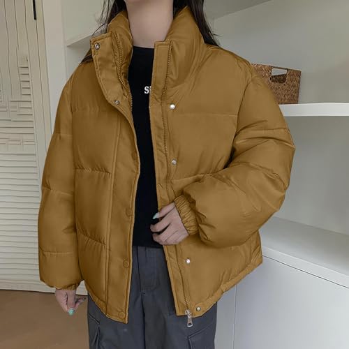 Women's Winter Fashion Puffer Jacket Padded Jacket Stand Collar Y2K Teen Girl Zip Pockets Baggy Short Coats2