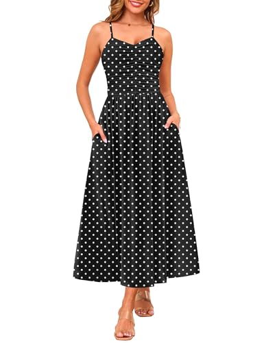 Image of Annebouti Women 2026 Summer Spring Ruched Maxi Dress Adjustable Spaghetti Strap Floral Beach Long Sundress with Pockets