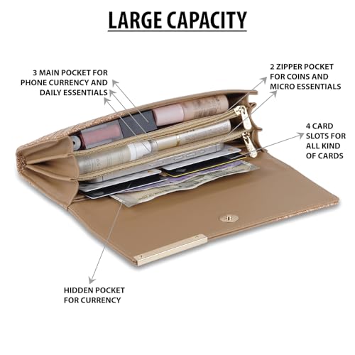 Image of Wallet for Women Girls Stylish Floral Faux Leather with Phone Space Coin Compartment Mobile Storage 4 Card Slots Holder Cash Zip Pockets Hand Clutch for Daily Use Ladies Long Purse (Khaki)