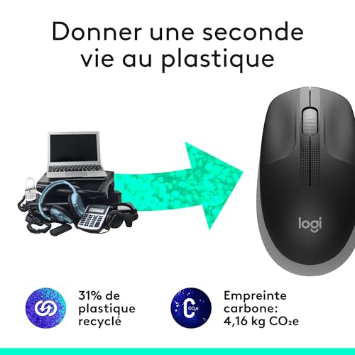Logitech M190 Souris sans Fil, Design ambidextre, durée de la Batterie 18 Mois avec Mode économie d’énergie, récepteur USB, contrôle précis du Curseur + défilement, Large molette de défilement - Gris