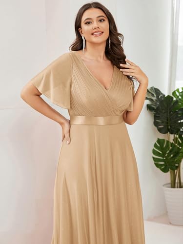 Image of Ever-Pretty Plus Women's Glitter Formal Dress Evening Gown for Gala V-Neck Short Sleeve Floor Length Plus Size Prom Dresses