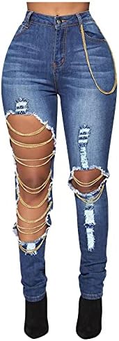 WoYii Jeans for Teen Girls Trendy Ripped Jeans for Women High Waist Skinny Stretch Chain Hanging Jeans Pants Dark Blue