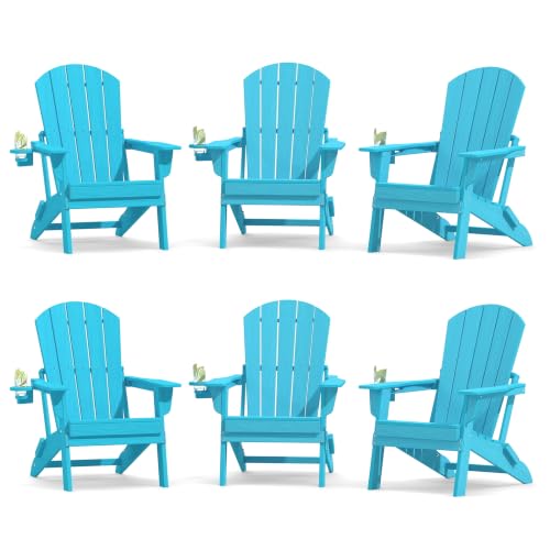 Image of Plawdlik Folding Adirondack Chair Set of 6 with Cup Holder，Wooden Textured ，Heavy All-Weather HDPE Comfortable Set Poolside Backyard Lawn, Light Blue