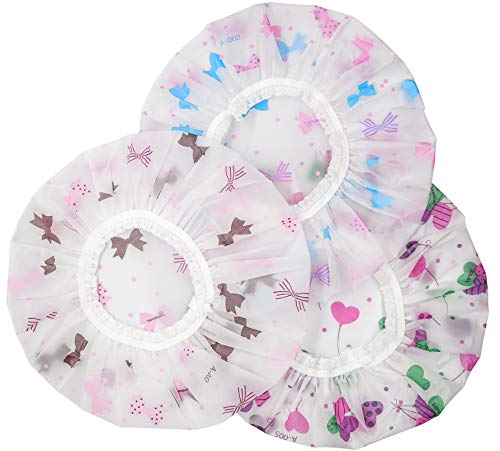 HengKe 6 Pieces Plastic Shower Caps,Cute Stylish Heart-Shaped and Bowknot Pattern Bath Cap,Reusable Waterproof EVA Shower Caps, Lace Elastic Band Flower Printed Hat Environmental Protection Hair