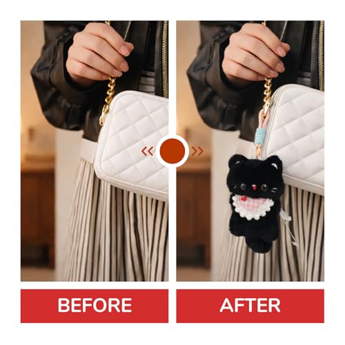 Image of Cute Black Cat Plush Keychain with Pink Gingham Bib & Red Nose | Soft Mini Kitty Bag Charm with Hanging Loop Strap | Kawaii Keyring Gift for Girls, Kids & Cat Lovers