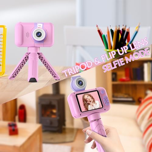 PURULU Kids Camera with Flip-up Lens for Selfie & Video, HD Digital Camera with 32GB SD Card, Ideal for 3-8 Years Old Girls Boys on Birthday Christmas Party as Gift(Pink)