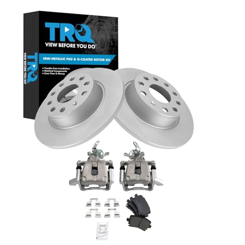 Image of TRQ Rear Brake Pad and Rotor Set Semi Metallic Coated Rotors Calipers Compatible with 2010 Volkswagen Golf Jetta