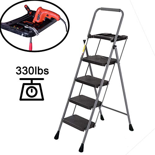 NSdirect 4 Step Ladder Step Stool with Wide Step Folding Portable Lightweight for Adults Indoor/Outdoor with Tool Platform Tray Equipment with Anti-Slip Pedal, 330lbs Capacity
