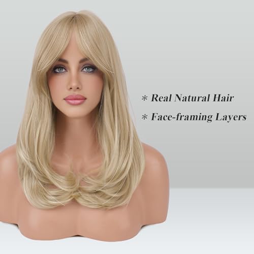 Image of FESHFEN Blonde Wigs with Bangs, Synthetic Natural Looking Long Layered Straight Hair Wig for Women Daily Party Costume, 18 inch Dirty Blonde
