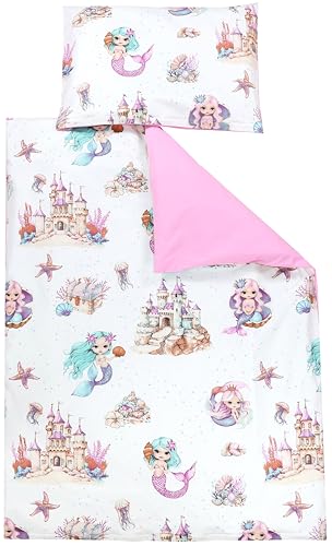 TupTam Kinder Bettwäsche Set Babybettwäsche Bettbezug 100 x 135 120 x 90 Kissenbezug 40 x 60 Jungen Mädchen 2-TLG, Farbe: Kleine Meerjungfrauen mit Schloss/Rosa, Größe: 135x100 cm
